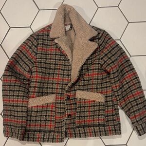Brixton Tan and Red Plaid Sherpa Jacket